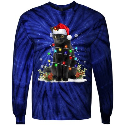 Black Cat Christmas Santa Hat Funny Meowy Cats Women Tie-Dye Long Sleeve Shirt