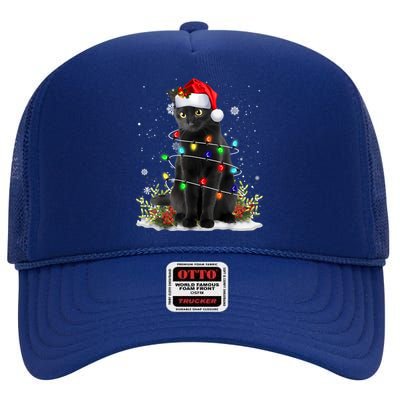 Black Cat Christmas Santa Hat Funny Meowy Cats Women High Crown Mesh Back Trucker Hat