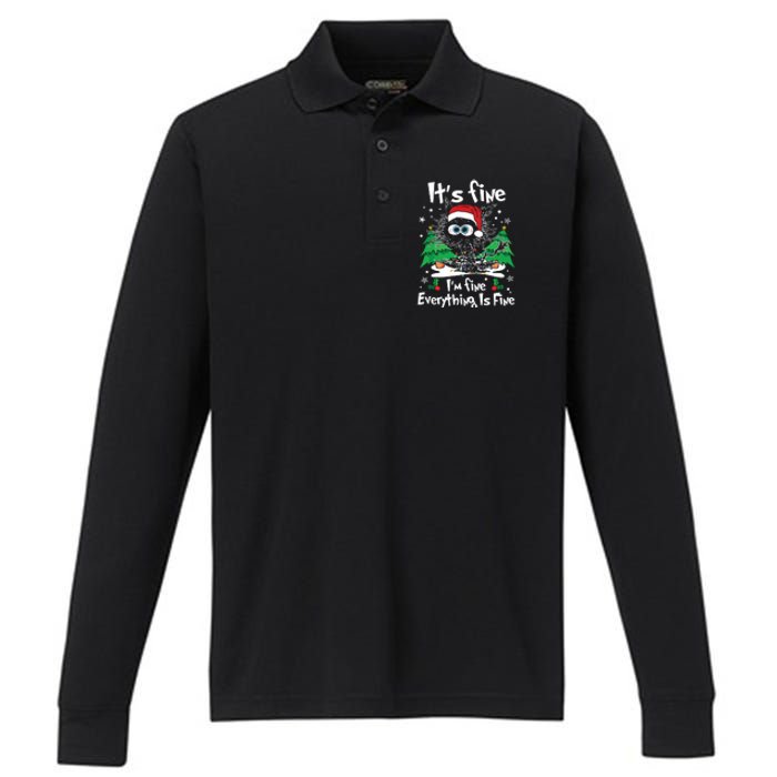 Black Cat Christmas Its Fine Im Fine Everything Is Fine Performance Long Sleeve Polo