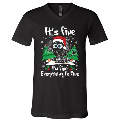 Black Cat Christmas Its Fine Im Fine Everything Is Fine V-Neck T-Shirt