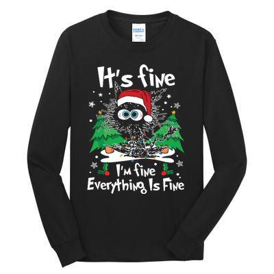 Black Cat Christmas Its Fine Im Fine Everything Is Fine Tall Long Sleeve T-Shirt