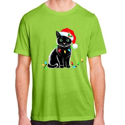 Black Cat Christmas Lights Santa Hat Funny Xmas Cat Lover Adult ChromaSoft Performance T-Shirt