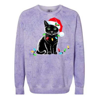 Black Cat Christmas Lights Santa Hat Funny Xmas Cat Lover Colorblast Crewneck Sweatshirt