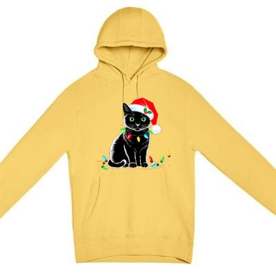 Black Cat Christmas Lights Santa Hat Funny Xmas Cat Lover Premium Pullover Hoodie