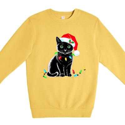 Black Cat Christmas Lights Santa Hat Funny Xmas Cat Lover Premium Crewneck Sweatshirt