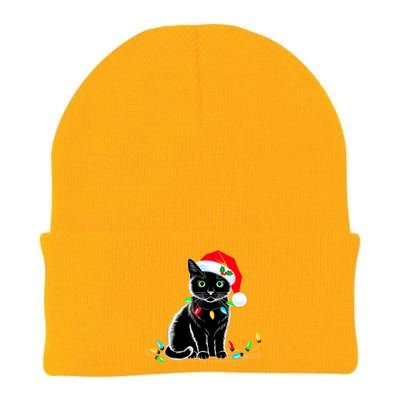 Black Cat Christmas Lights Santa Hat Funny Xmas Cat Lover Knit Cap Winter Beanie