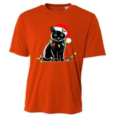 Black Cat Christmas Lights Santa Hat Funny Xmas Cat Lover Cooling Performance Crew T-Shirt