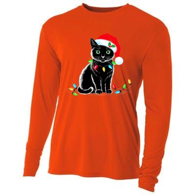 Black Cat Christmas Lights Santa Hat Funny Xmas Cat Lover Cooling Performance Long Sleeve Crew