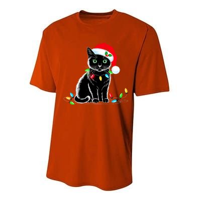 Black Cat Christmas Lights Santa Hat Funny Xmas Cat Lover Performance Sprint T-Shirt