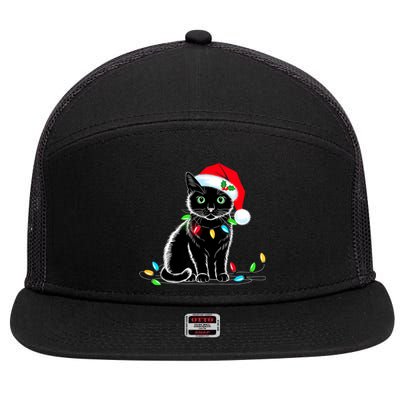 Black Cat Christmas Lights Santa Hat Funny Xmas Cat Lover 7 Panel Mesh Trucker Snapback Hat