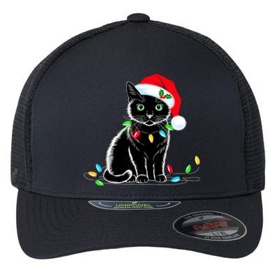 Black Cat Christmas Lights Santa Hat Funny Xmas Cat Lover Flexfit Unipanel Trucker Cap