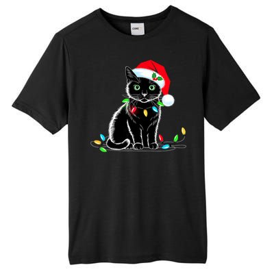 Black Cat Christmas Lights Santa Hat Funny Xmas Cat Lover Tall Fusion ChromaSoft Performance T-Shirt