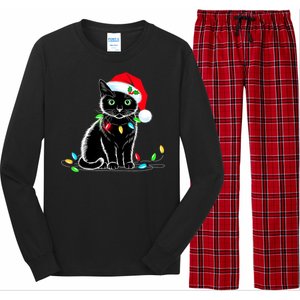 Black Cat Christmas Lights Santa Hat Funny Xmas Cat Lover Long Sleeve Pajama Set