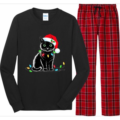 Black Cat Christmas Lights Santa Hat Funny Xmas Cat Lover Long Sleeve Pajama Set