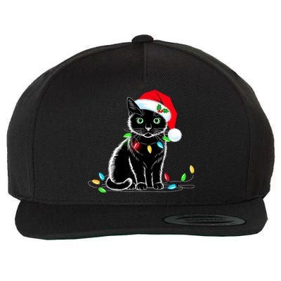 Black Cat Christmas Lights Santa Hat Funny Xmas Cat Lover Wool Snapback Cap