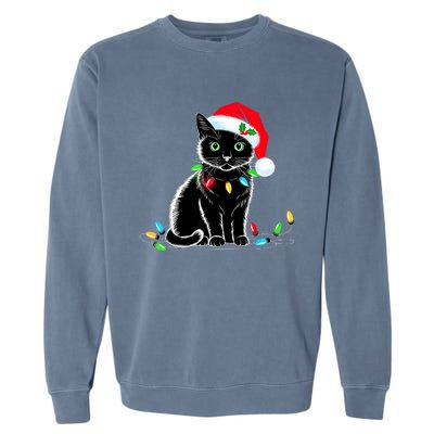 Black Cat Christmas Lights Santa Hat Funny Xmas Cat Lover Garment-Dyed Sweatshirt