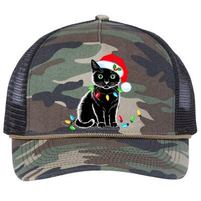 Black Cat Christmas Lights Santa Hat Funny Xmas Cat Lover Retro Rope Trucker Hat Cap