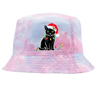 Black Cat Christmas Lights Santa Hat Funny Xmas Cat Lover Tie-Dyed Bucket Hat