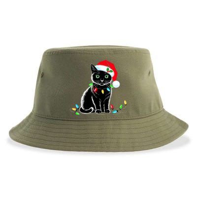 Black Cat Christmas Lights Santa Hat Funny Xmas Cat Lover Sustainable Bucket Hat