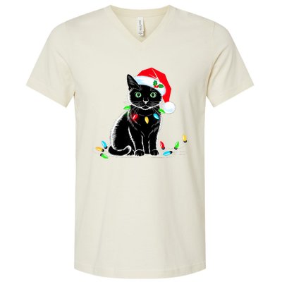 Black Cat Christmas Lights Santa Hat Funny Xmas Cat Lover V-Neck T-Shirt