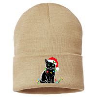 Black Cat Christmas Lights Santa Hat Funny Xmas Cat Lover Sustainable Knit Beanie