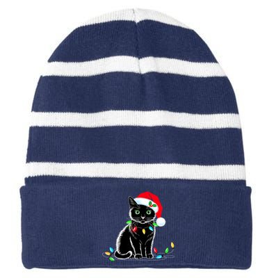 Black Cat Christmas Lights Santa Hat Funny Xmas Cat Lover Striped Beanie with Solid Band