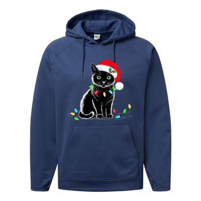 Black Cat Christmas Lights Santa Hat Funny Xmas Cat Lover Performance Fleece Hoodie