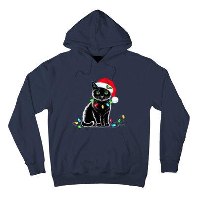 Black Cat Christmas Lights Santa Hat Funny Xmas Cat Lover Hoodie