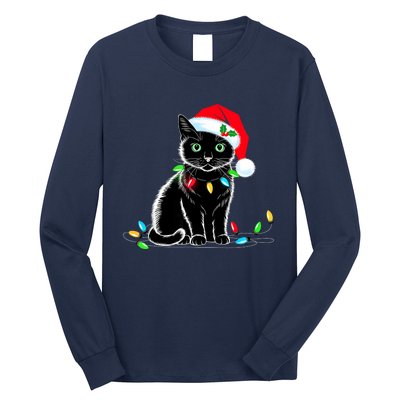 Black Cat Christmas Lights Santa Hat Funny Xmas Cat Lover Long Sleeve Shirt