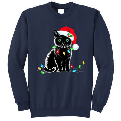 Black Cat Christmas Lights Santa Hat Funny Xmas Cat Lover Sweatshirt