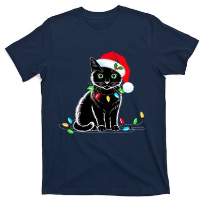 Black Cat Christmas Lights Santa Hat Funny Xmas Cat Lover T-Shirt