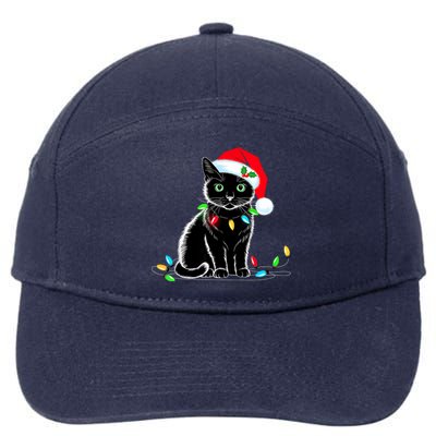 Black Cat Christmas Lights Santa Hat Funny Xmas Cat Lover 7-Panel Snapback Hat