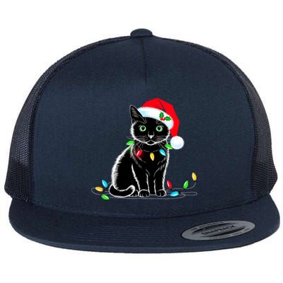 Black Cat Christmas Lights Santa Hat Funny Xmas Cat Lover Flat Bill Trucker Hat