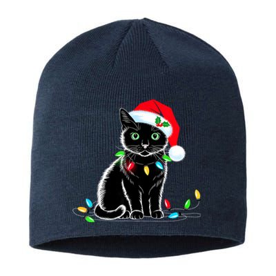 Black Cat Christmas Lights Santa Hat Funny Xmas Cat Lover Sustainable Beanie