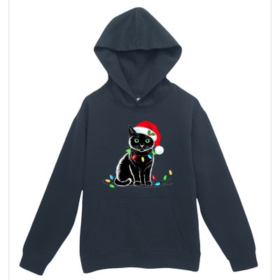 Black Cat Christmas Lights Santa Hat Funny Xmas Cat Lover Urban Pullover Hoodie