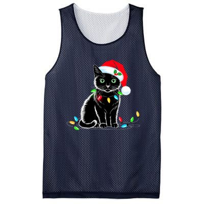 Black Cat Christmas Lights Santa Hat Funny Xmas Cat Lover Mesh Reversible Basketball Jersey Tank