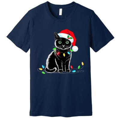 Black Cat Christmas Lights Santa Hat Funny Xmas Cat Lover Premium T-Shirt