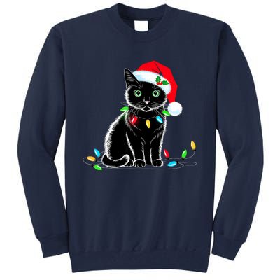 Black Cat Christmas Lights Santa Hat Funny Xmas Cat Lover Tall Sweatshirt