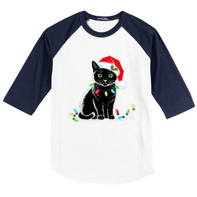 Black Cat Christmas Lights Santa Hat Funny Xmas Cat Lover Baseball Sleeve Shirt