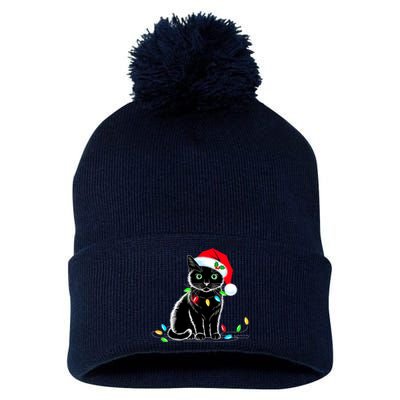 Black Cat Christmas Lights Santa Hat Funny Xmas Cat Lover Pom Pom 12in Knit Beanie