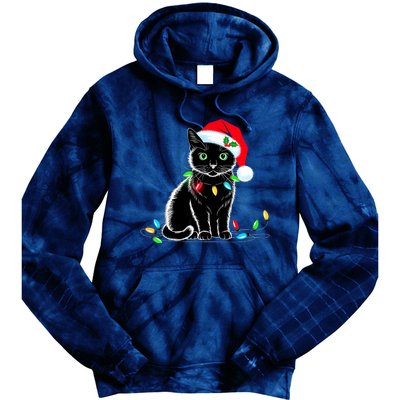 Black Cat Christmas Lights Santa Hat Funny Xmas Cat Lover Tie Dye Hoodie