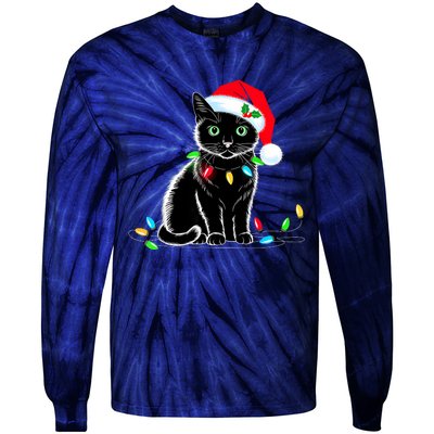 Black Cat Christmas Lights Santa Hat Funny Xmas Cat Lover Tie-Dye Long Sleeve Shirt