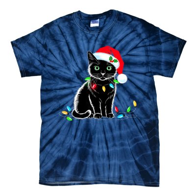 Black Cat Christmas Lights Santa Hat Funny Xmas Cat Lover Tie-Dye T-Shirt