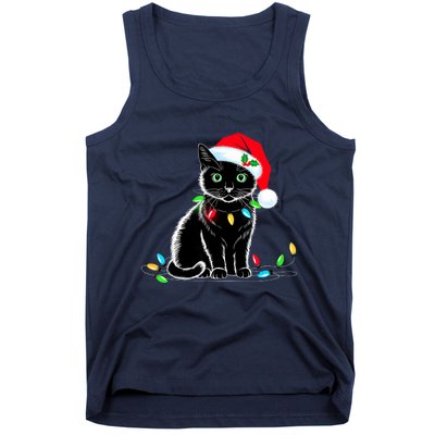 Black Cat Christmas Lights Santa Hat Funny Xmas Cat Lover Tank Top