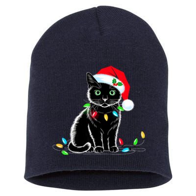 Black Cat Christmas Lights Santa Hat Funny Xmas Cat Lover Short Acrylic Beanie