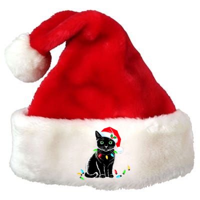 Black Cat Christmas Lights Santa Hat Funny Xmas Cat Lover Premium Christmas Santa Hat