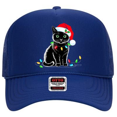 Black Cat Christmas Lights Santa Hat Funny Xmas Cat Lover High Crown Mesh Back Trucker Hat