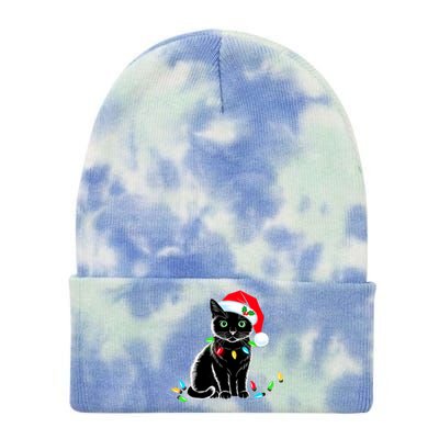 Black Cat Christmas Lights Santa Hat Funny Xmas Cat Lover Tie Dye 12in Knit Beanie