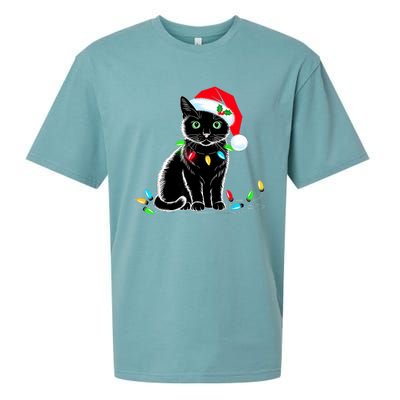 Black Cat Christmas Lights Santa Hat Funny Xmas Cat Lover Sueded Cloud Jersey T-Shirt