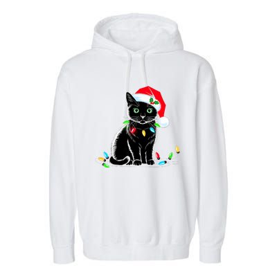 Black Cat Christmas Lights Santa Hat Funny Xmas Cat Lover Garment-Dyed Fleece Hoodie